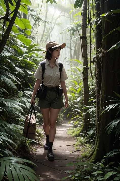 1girl,tall, The intrepid explorer ventured deeper into the dense jungle, the canopy of trees above casting dappled shadows on the forest floor.