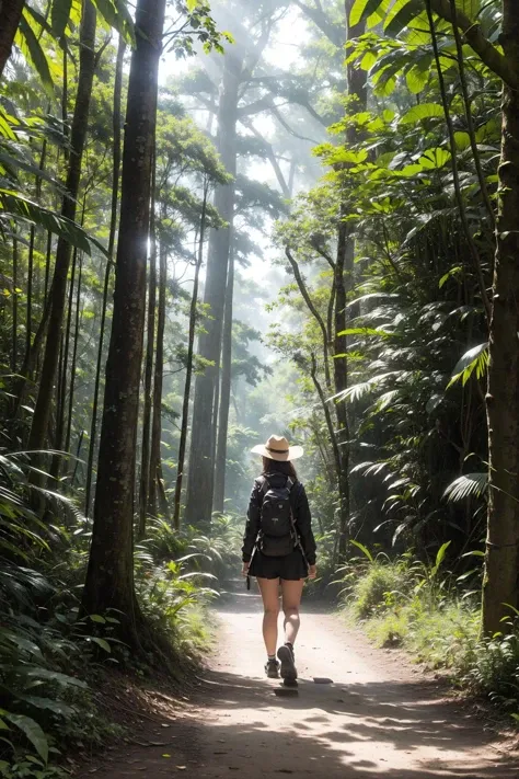 1girl,tall, The intrepid explorer ventured deeper into the dense jungle, the canopy of trees above casting dappled shadows on the forest floor.