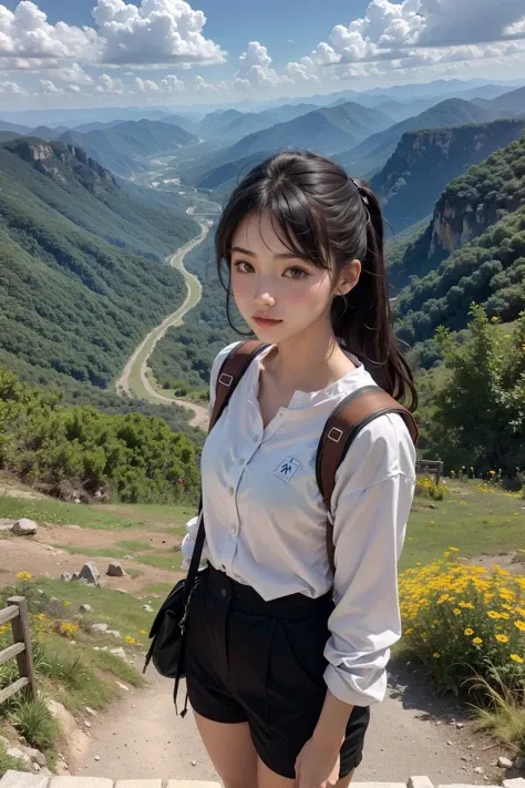 1girl, As the intrepid traveler navigated the winding mountain trails, she marveled at the breathtaking views of the valleys below.
