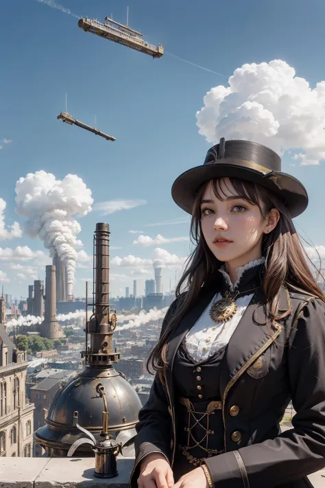 1girl, portrait,A sprawling city filled with Victorian architecture and clockwork towers, Airships float in the sky above, while steam-powered carriages travel on the streets below, The foreground features brass pipes and cogs and gears, along with copper boilers and factories with smokestacks emitting steam