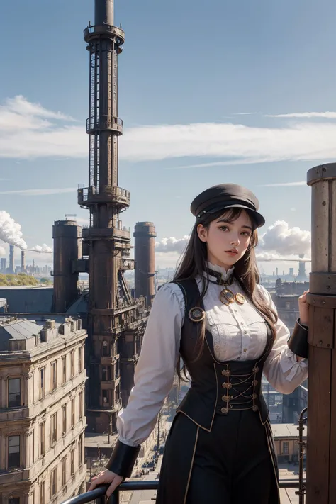 1girl, portrait,A sprawling city filled with Victorian architecture and clockwork towers, Airships float in the sky above, while steam-powered carriages travel on the streets below, The foreground features brass pipes and cogs and gears, along with copper boilers and factories with smokestacks emitting steam