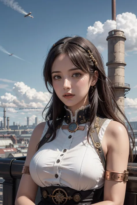 1girl, portrait,A sprawling city filled with Victorian architecture and clockwork towers, Airships float in the sky above, while steam-powered carriages travel on the streets below, The foreground features brass pipes and cogs and gears, along with copper boilers and factories with smokestacks emitting steam