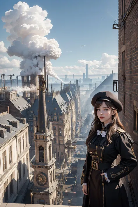 1girl, portrait,A sprawling city filled with Victorian architecture and clockwork towers, Airships float in the sky above, while steam-powered carriages travel on the streets below, The foreground features brass pipes and cogs and gears, along with copper boilers and factories with smokestacks emitting steam