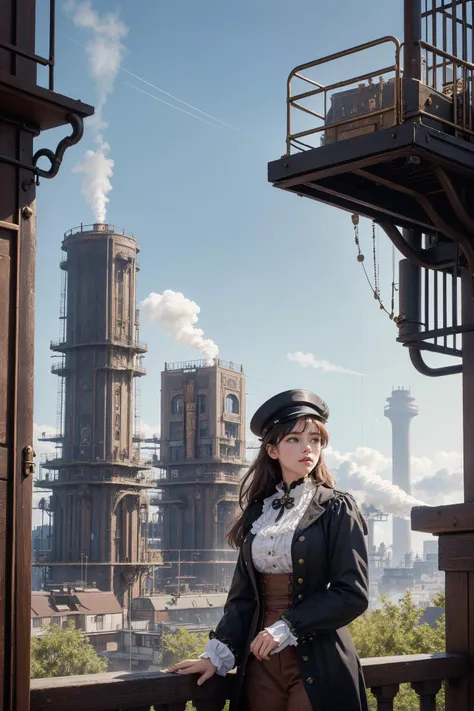 1girl, portrait,A sprawling city filled with Victorian architecture and clockwork towers, Airships float in the sky above, while steam-powered carriages travel on the streets below, The foreground features brass pipes and cogs and gears, along with copper boilers and factories with smokestacks emitting steam