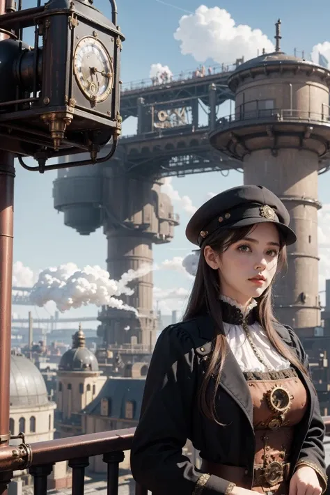 1girl, portrait,A sprawling city filled with Victorian architecture and clockwork towers, Airships float in the sky above, while steam-powered carriages travel on the streets below, The foreground features brass pipes and cogs and gears, along with copper boilers and factories with smokestacks emitting steam