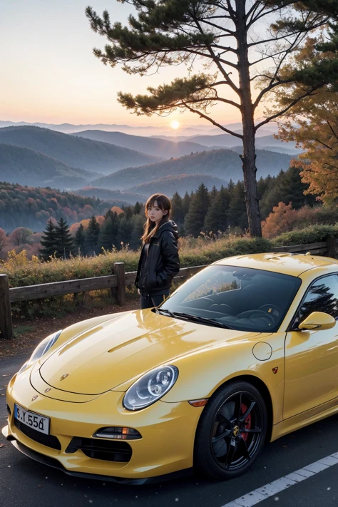 1girl standing next to a yellow Porsche,autumn forest, sunset, leaves falling, first snow,