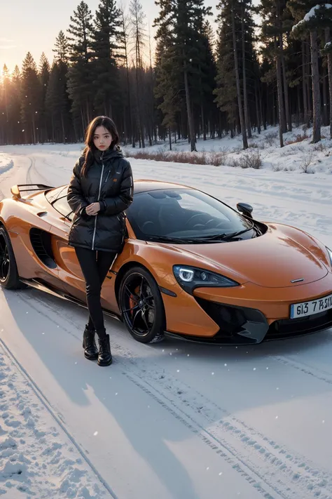 1girl standing next to a McLaren,autumn forest, sunset, leaves falling, first snow,