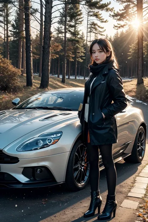 1girl standing next to a Aston Martin,autumn forest, sunset, leaves falling, first snow,
