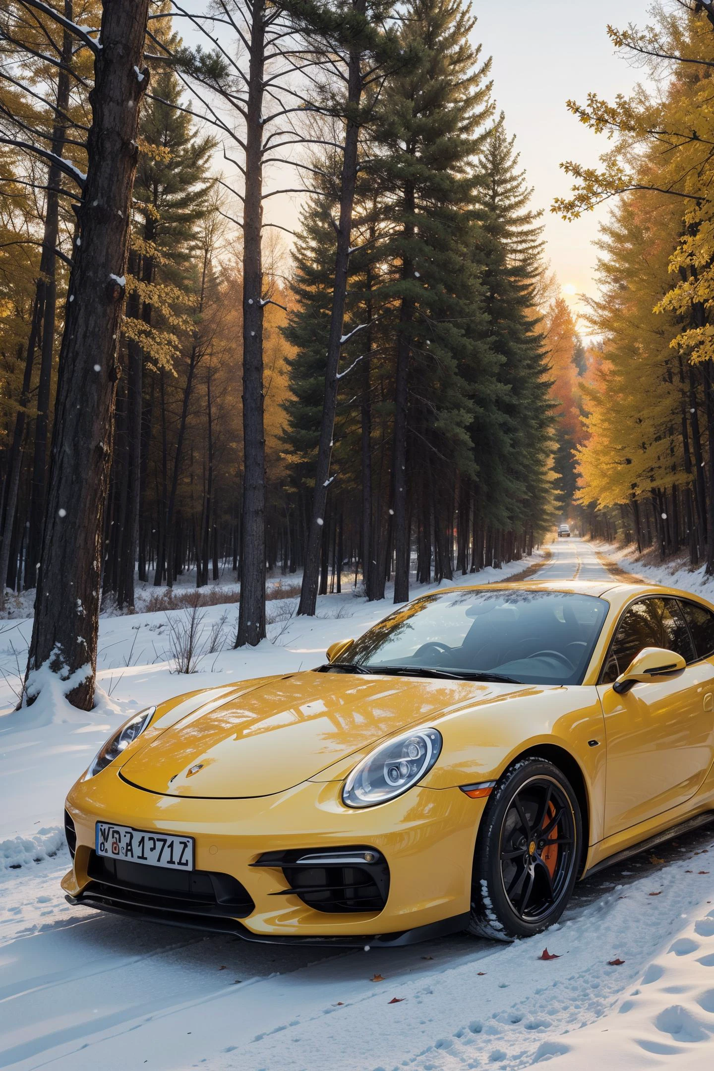 1girl standing next to a yellow Porsche,autumn forest, sunset, leaves falling, first snow,