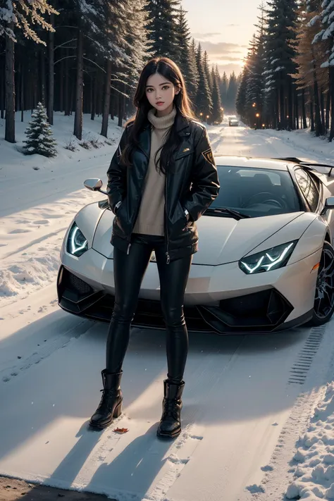 1girl standing next to a Lamborghini,autumn forest, sunset, leaves falling, first snow,
