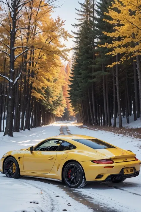 1girl standing next to a yellow Porsche,autumn forest, sunset, leaves falling, first snow,
