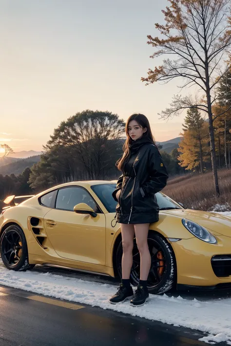 1girl standing next to a yellow Porsche,autumn forest, sunset, leaves falling, first snow,