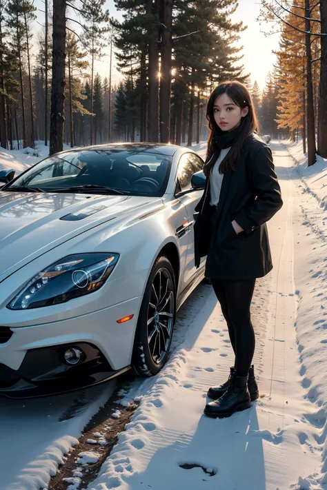 1girl standing next to a Aston Martin,autumn forest, sunset, leaves falling, first snow,
