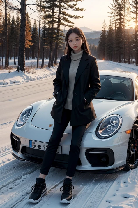 1girl standing next to a Porsche,autumn forest, sunset, leaves falling, first snow,