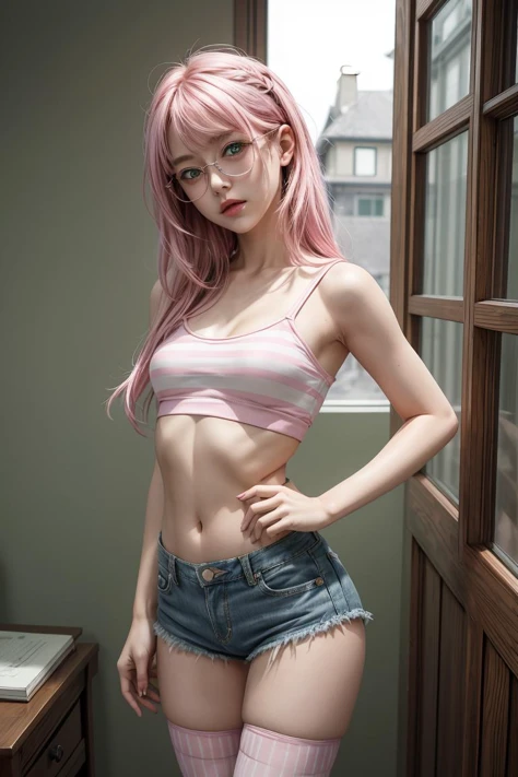 (masterpiece, best quality), 1girl, small breasts, small hips, green eyes, pink hair, crop top, denim shorts, bedroom, striped thighhighs, pervert, petite, glasses, <lora:add_detail:1>,