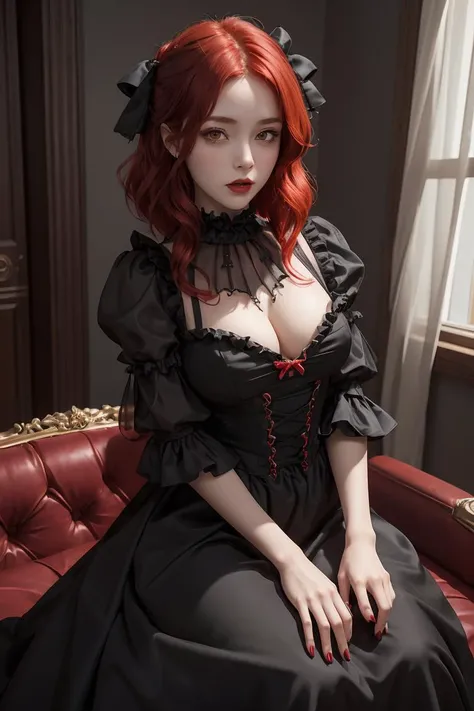 (masterpiece, best quality), 1girl, red hair, medium chest, gothic frill dress, pervert face,