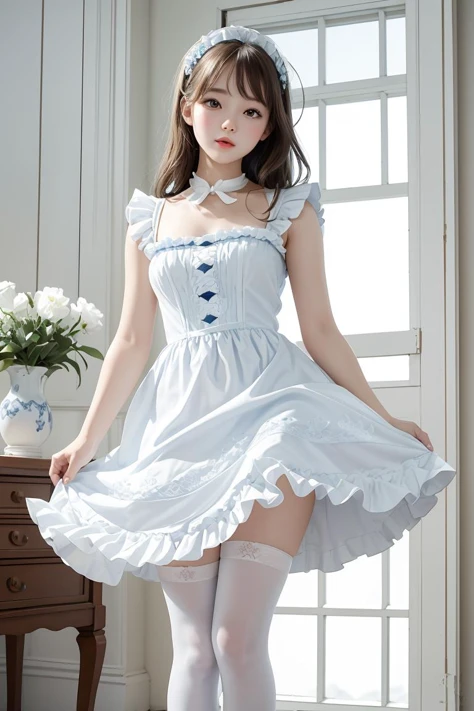 (masterpiece, best quality), 1girl, blue and white frill dress, (white stockings), cute face, standing, indoor, intricate detail, sunlight,