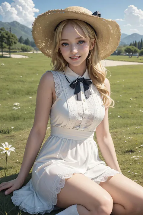 (Masterpiece, best quality:1.4), (ultra-detailed), color full, God rays, ray tracing, beautiful detail eyes, extremely detailed,
1girl, blonde hair, smile, (:D), white dress, straw hat, white dress, crew sock, hair bow, on grass, flower background,