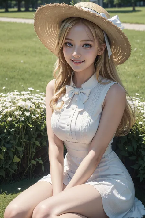 (Masterpiece, best quality:1.4), (ultra-detailed), color full, God rays, ray tracing, beautiful detail eyes, extremely detailed,
1girl, blonde hair, smile, (:D), white dress, straw hat, white dress, crew sock, hair bow, on grass, flower background,