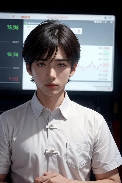 (mature males:1.1),hide the face,white shirt,(Chinese stock market:1.2),stock exchange,bankruptcy,stock decline,sad