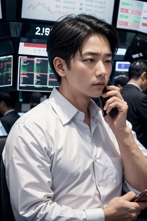asian mature males,operating phone,(stock market:1.2),stock exchange,bankruptcy,stock decline,(sad:1.2)