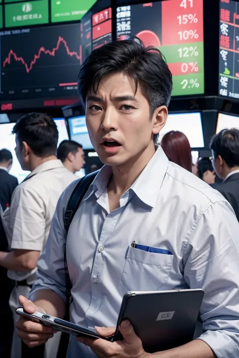 asian mature males,(shouting loudly:1.25),operating phone,(stock market:1.2),stock exchange,bankruptcy,stock decline,(sad:1.2)