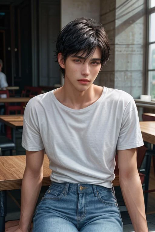 a young man, tall, athletic body, fair skin, caucasian, short black hair, chiseled jawline, wearing white cotton tshirt, denim jeans, sitting at a table in a cafe, upper body, front view, ((photorealistic)) epiCPhoto <lora:looking_at_viewer:1> <lora:more_details:0.7> <lora:picxer_real:0.7> <lora:pytorch_lora_weights:0.6>