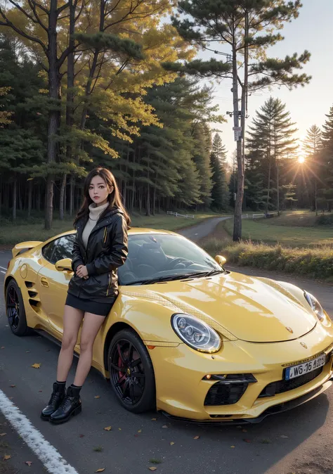 1girl standing next to a yellow Porsche,autumn forest, sunset, leaves falling, first snow,