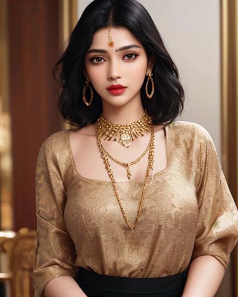 a young gorgeous indian woman, tall, slim, solo, black hair, black eyes, parted lips, fair skin, extremely detailed face, make up, lipstick, gold necklace and earrings, gorgeous casual attire, looking at viewer, cafe, standing, close up, front view, looking at viewer, film grain, (photorealistic:1.2) <lora:looking_at_viewer:1> <lora:add-detail-xl:1>