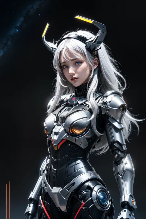 masterpiece,best quality,ultra-detailed,very detailed illustrations,extremely detailed,intricate details,highres,super complex details,extremely detailed 8k cg wallpaper,cowboy shot, caustics,reflection,ray tracing,demontheme,nebula,dark aura,cyber effect, (1girl:1.4),solo,alone,mecha musume,mechanical parts, robot joints,single mechanical arm, headgear, mechanical halo,star halo,intricate mechanical bodysuit, mecha corset, full armor, very long hair,white hair, hair between eyes, multicolored hair, colored inner hair, red eyes,glowing eye,eye trail, random expressions,random action, ancient japanese architecture,pond, starry sky,skyline,   <lora:AMechaSSS[color_theme,mecha musume, mechanical parts,robot joints,headgear]:0.8>,