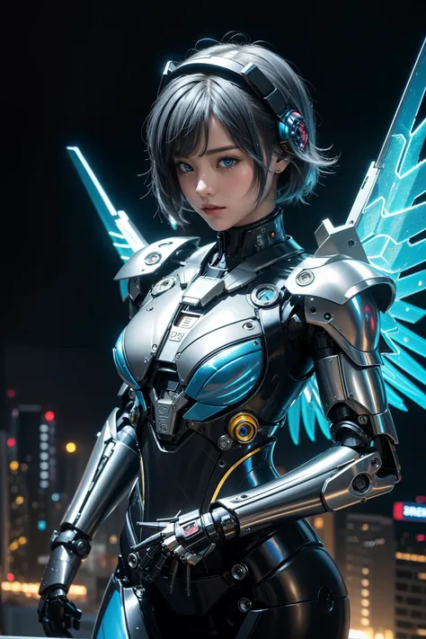 (masterpiece, best quality, highres),finely detail,(beautiful),from above,1girl,(hovering girl),blue short hair,bodysuit,mechanical wings,mecha musume,mechanical parts,robot joints,solo,cyberpunk,(looking down to city:1.2),Night City,neon sign, <lora:AMechaSSS[color_theme,mecha musume, mechanical parts,robot joints,headgear]:0.8>