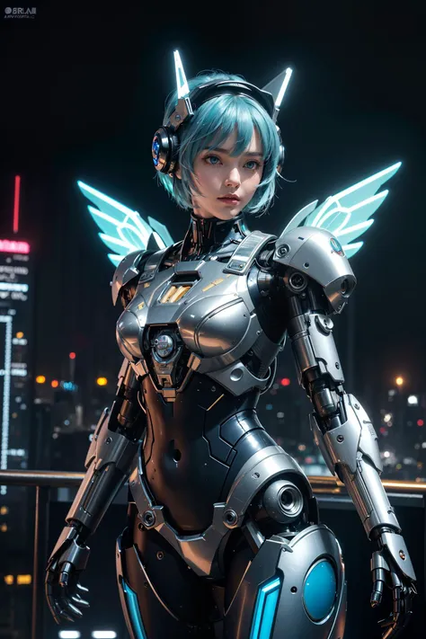 (masterpiece, best quality, highres),finely detail,(beautiful),from above,1girl,(hovering girl),blue short hair,bodysuit,mechanical wings,mecha musume,mechanical parts,robot joints,solo,cyberpunk,(looking down to city:1.2),Night City,neon sign, <lora:AMechaSSS[color_theme,mecha musume, mechanical parts,robot joints,headgear]:0.8>
