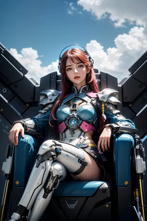 (masterpiece:1.1), (best quality:1.1), (detailed:1.0), (vibrant colors:1.2), BREAK, (solo:1.2), (1girl:1.0), (sitting on a throne among the clouds:1.0), (crossed legs:1.0), (cute:1.0), (mechanical parts:1.1), (cyborg:1.0),  <lora:AMechaSSS:1.0> BREAK, (science fiction:1.0), (blue sky:1.1), BREAK,