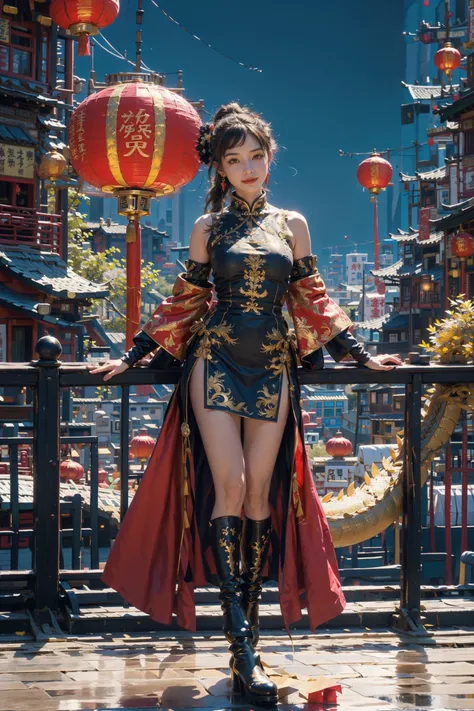 (bottle bottom:0.9),masterpiece,(full body:1.2), Dragon and girl, 1girl, dragon, long hair, dress, gloves, solo, smile, fire, red dress, black gloves, red eyes, chinese clothes, looking at viewer, holding, brown hair, bangs, breasts, jewelry, eastern dragon, earrings, high heels, full body, fingerless gloves, crown, wide sleeves, boots, parted bangs, china dress, ponytail, black footwear, side slit, very long hair, gold trim, armor,chinese_new_year,paper_lantern,lantern,fireworks,<lora:Dragon and girl_20240205103724-000018:0.8>