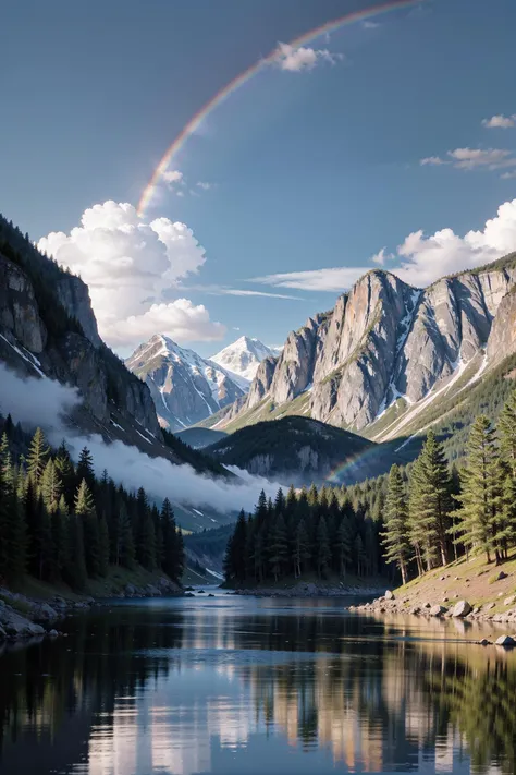 Landscape, water, rainbow, mountainous, ultra-detailed, HQ