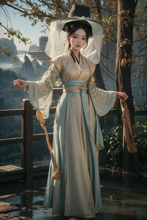 1girl, veil_hat, hanfu, stand, full body, landscape, day,masterpiece, best quality, 8k,<lora:veil-hat-dim32:1>,