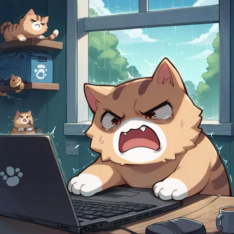 score_9, score_8_up,score_7_up, source_ anime, <lora:discord_nekonekonekone_ponyXL:1>,animal focus, no humans, nekoemoji,cat, cat ears,working on Laptop,screaming at screen, angry face, throwing keyboard,rainy weather outside window