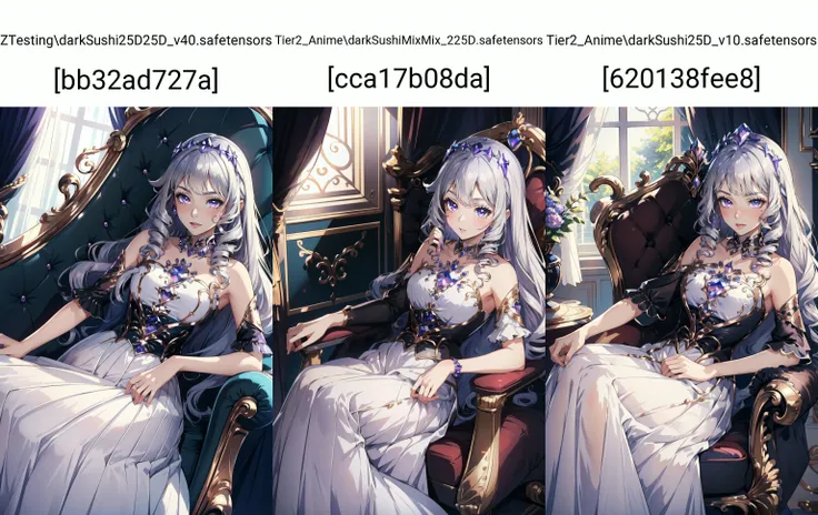 (masterpiece, best quality), intricate details,
1girl, <lora:CHAR-KosekiBijou:0.8> KosekiBijou, hair ornament, white dress, strapless dress, crystal, detached sleeves, asymmetrical sleeves, silver hair, purple eyes,
<lora:ojou_curls-1.0r16:0.8> ojou curls, princess, long white gown, jewelry, tiara, crown, throne, royal, indoors,