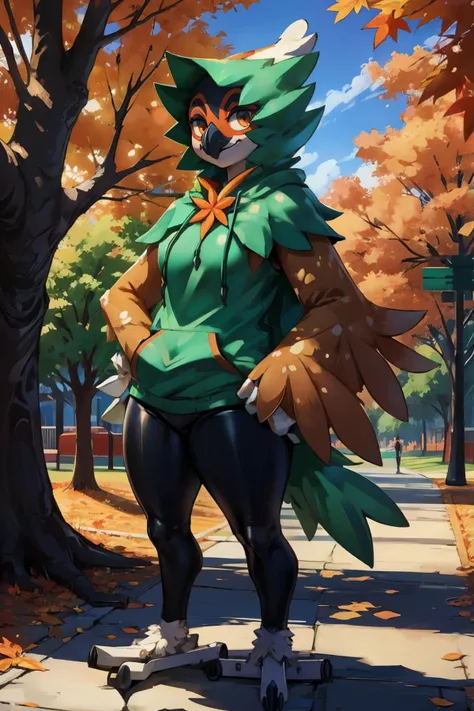 decidueye, girl, avian,furry bird, beak, wearing a green hoodie, black leggings, looking at viewer, seductive smile, standing, hands on hips, outside, park, trees, autumn, extreme detail, masterpiece, <lora:Decidueye:1>
