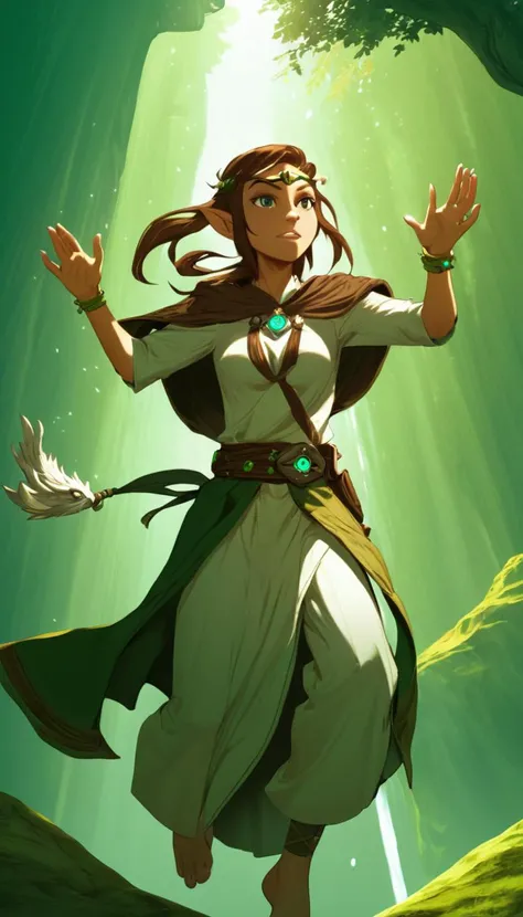Cinematic scene, hero view, female druid, a priest of the Old Faith, wielding the powers of nature and adopting animal forms, action pose, detailed background, masterpiece, best quality, high quality, highres, absurdres, vivid, Dungeons and Dragons <lora:dungeons_and_dragons_xl_v2:1>