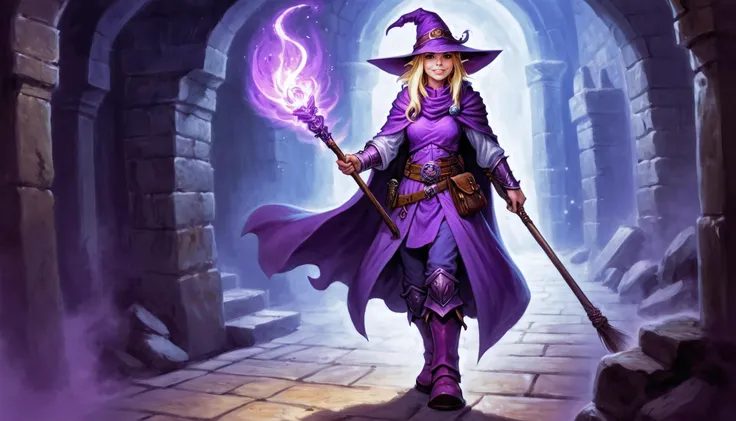 cinematic drawing from dungeons and dragons, a human mage in a dungeon, wearing purple boots and purple wizards hat, carrying staff, long blonde hair, action pose, detailed background, masterpiece, high quality, highres, vivid, <lora:dungeons_and_dragons_xl_v3:1>