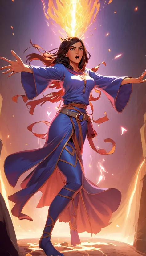 Cinematic scene, hero view, sorceress, a spellcaster who draws on inherent magic from a gift or bloodline, action pose, detailed background, masterpiece, best quality, high quality, highres, absurdres, vivid, Dungeons and Dragons <lora:dungeons_and_dragons_xl_v2:1>