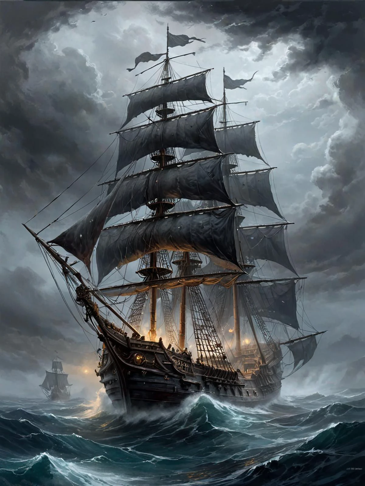 oil painting wide angle film still of a bleak, windswept winter ocean, under murky fog, a Spanish medieval galleon ship under full sail in the style of the ship santa maria, a vast cold blue grey ocean with high waves, splashing water, dark clouds, fog. Atmospheric lighting, intricately detailed, absurd, sharp, clear lines, straight, smooth lines. <lora:dungeons_and_dragons_xl_v3:0.7>