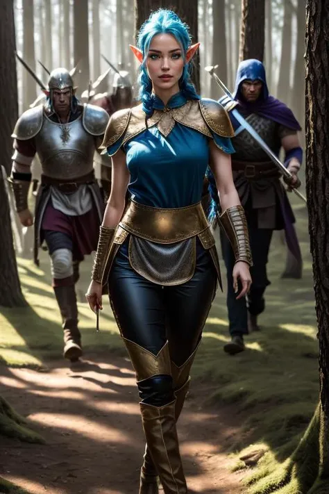 breathtaking Cinematic scene, female half moon elf, beautiful and delicate sharp features, Skinny fit body, long delicate legs, sapphire blue hair tied back in a long braid, mithril chainmail over a loose white tunic, leather breeches, soft leather calf high boots, half elf, detailed and delicate long sword, detailed crosspiece wth a white misty opaque stone in pommel, holding a elvin delicate long moonblade two handed style in both hands ready to fight, hands gripping sword pommel close together, her sword is giving off a soft blue glowing aura, faceing her orc opponent, hero view, fighter, a master of martial combat, fighting off a group of orcs in the forest, multiple orcs, Dungeons and Dragons, <lora:dungeons_and_dragons:0.8>, action pose, detailed background, masterpiece, best quality, high quality, absurdres . epic battle scene, award-winning, professional, highly detailed, wide angle shot, <lora:add_detail:0.6>, <lora:ELF v1:0.4> ,<lora:Elsa:0.7>