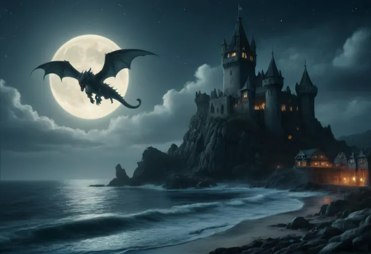 <lora:dvr-mthng-sdxl:0.8> ral-mythcr a dark stormy Mythical Nightscape, dragon flying, sea, beach, night time, stars, waves crashing against rocks, A castle in the distance, moon, dragon flying over castle, fantasy, highly details <lora:detailed_notrigger_sdxl1:1> landscape, 4k, realistic, photo realistic, dungeons and dragons <lora:dungeons_and_dragons_xl_v3:1>