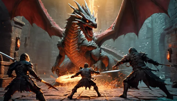 Cinematic scene, hero view, hyperdetailed picture of adventurers fighting a dragon in a dungeon, action pose, detailed background, masterpiece, best quality, high quality, highres, absurdres, vivid, Dungeons and Dragons <lora:dungeons_and_dragons_xl_v3:1>