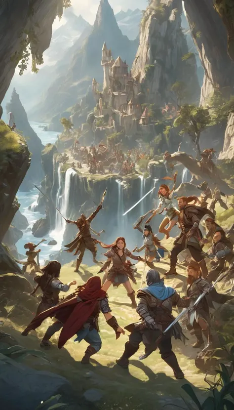 breathtaking Cinematic scene, hero view, adventurers party, group photo, Dungeons and Dragons <lora:dungeons_and_dragons:1>, action pose, nature, detailed background, masterpiece, best quality, high quality, absurdres . award-winning, professional, highly detailed