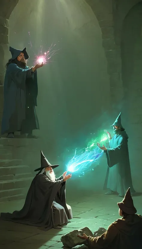 Cinematic scene, a wizard casting spells on an enemy using their magic, while their companions provide support from afar, detailed background, masterpiece, best quality, high quality, highres, absurdres, vivid, Dungeons and Dragons <lora:dungeons_and_dragons_xl_v2:1>