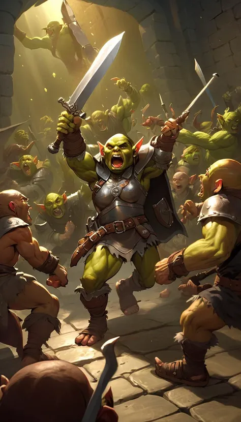 Cinematic scene, hero view, an adventurer in a dungeon crawl, wielding their trusty sword and shield, battling against a horde of goblins and orcs, action pose, detailed background, masterpiece, best quality, high quality, highres, absurdres <lora:dungeons_and_dragons_xl_v2:1>