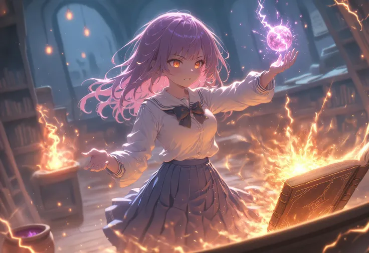 A young girl in a school uniform casting an fireball, wand, cauldron, spellbook, magic, books, masterpiece, inside a spooky room, focused, hand motions, <lora:Fantasy_Wizard__Witches_SDXL:0.75> hkmagic <lora:dungeons_and_dragons_xl_v3:1> <lora:glowneon_xl_v1:1> GLOWNEON, GLOWING, SPARKS, LIGHTNING